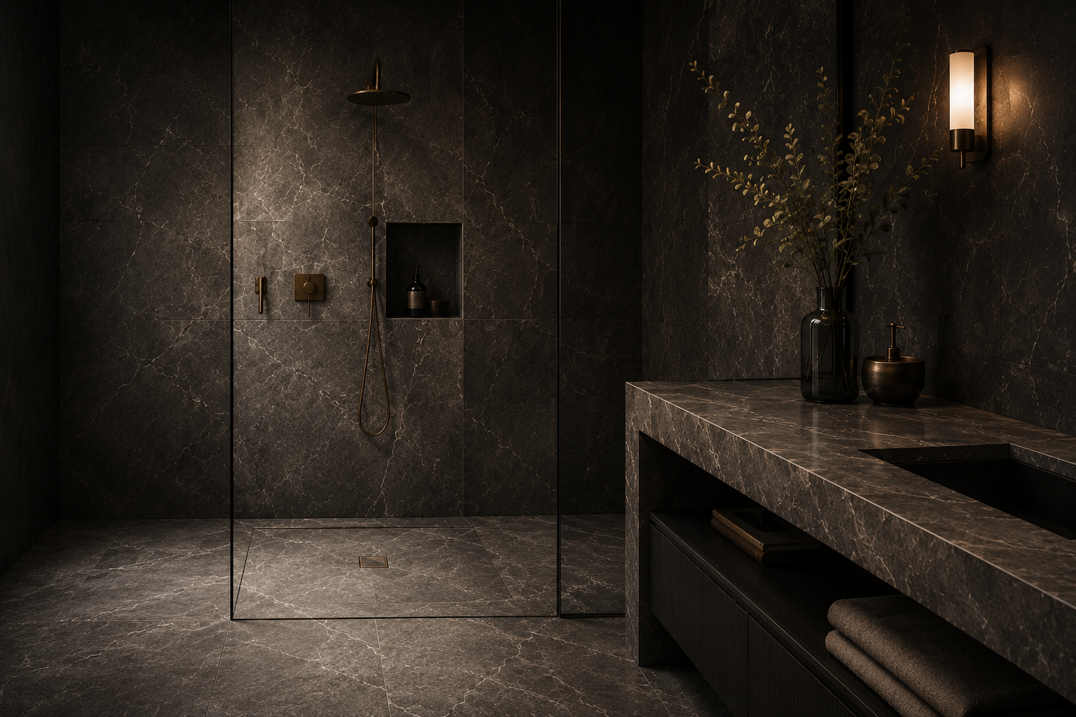 Luxury dark marble bathroom with walk-in shower and brass fixtures