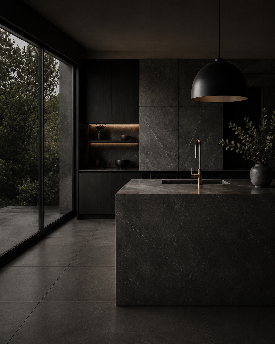 Luxury dark kitchen with modern fixtures